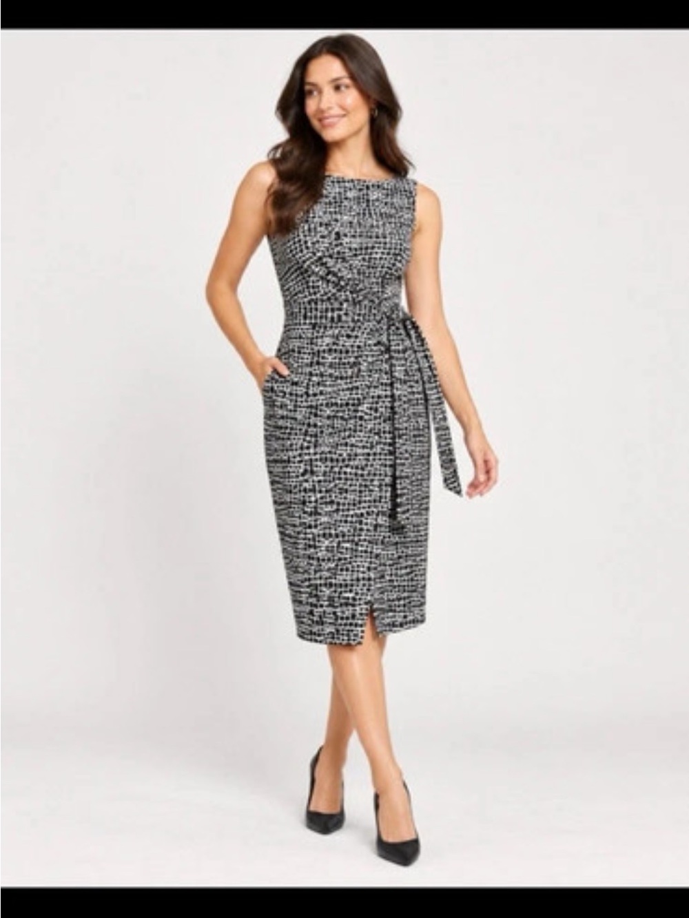 Calvin Klein Black & White Asymmetrical Sheath Dress with Waist Tie